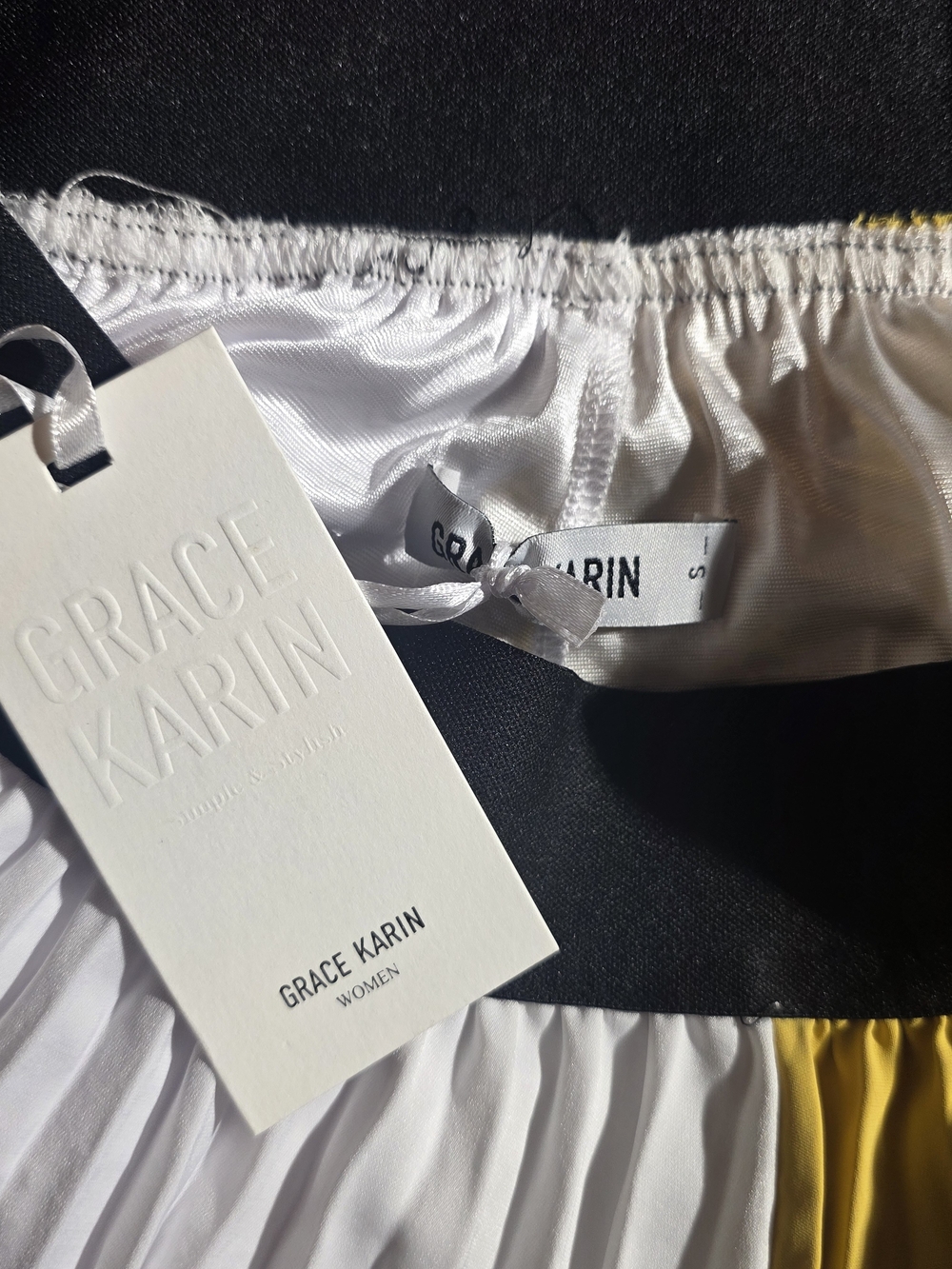Grace Karin Pleated Colorblock Midi Skirt in White, Yellow & Blue (Size S - NWT) - Picture 3 of 7